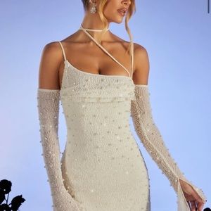 Oh Polly Pearl Cream Asymmetric Mini Dress